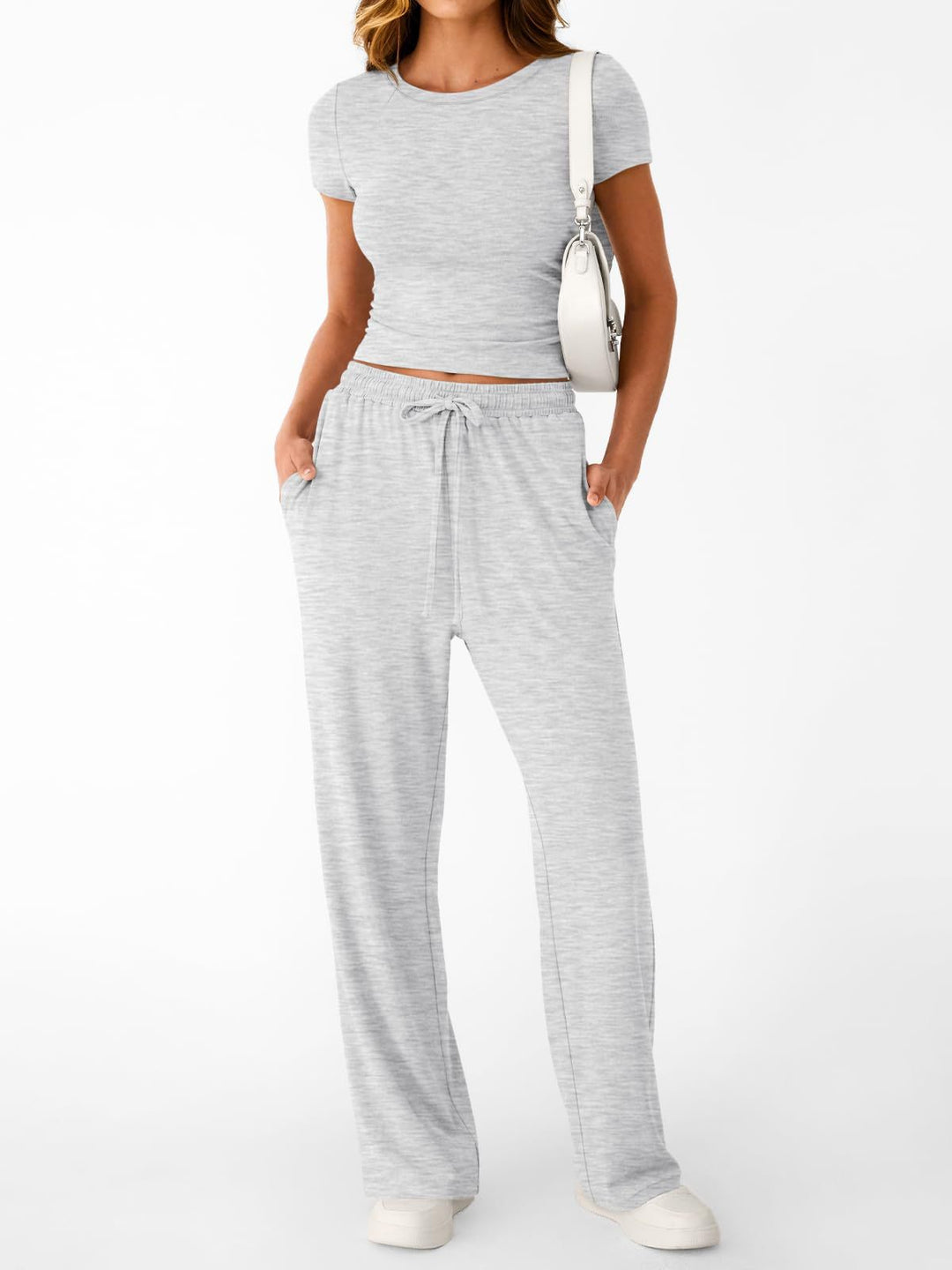 Damen lässiger Freizeitanzug mit kurzen Ärmel und weiten Hosen Drune