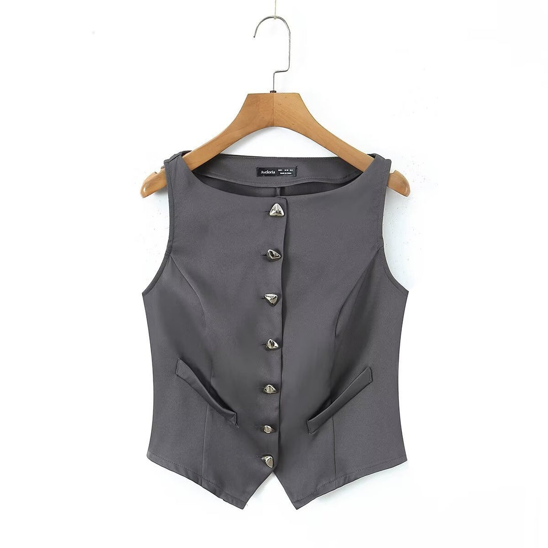Damen-Set aus tailliertem Weste und kurzem Rock mit eleganten Knopfdetails Drune