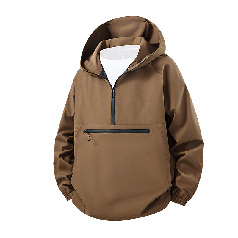 Unisex Leichter wasserabweisender Kapuzen‑Anorak mit Halbzip und Front‑Reißverschlusstasche Drune