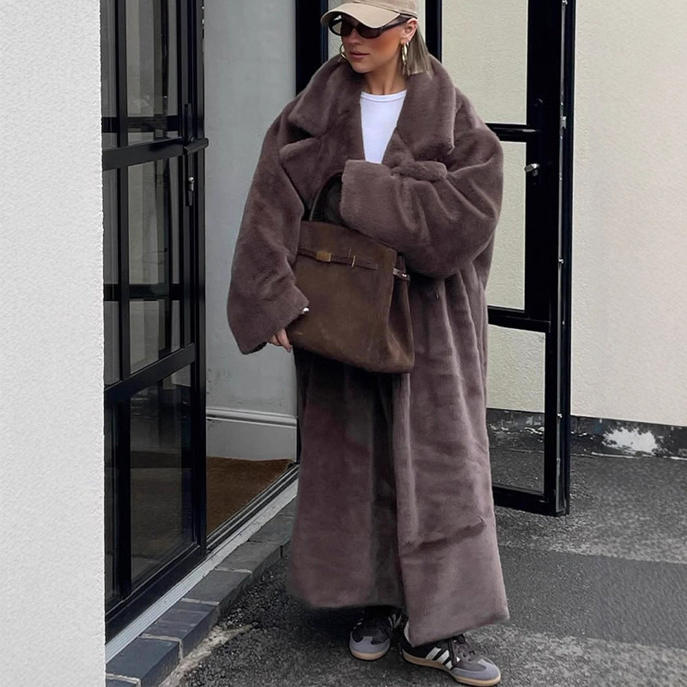 Damen Oversize Kunstfell-Maximantel mit weitem Revers Drune