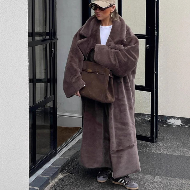 Damen Oversize Kunstfell-Maximantel mit weitem Revers Drune