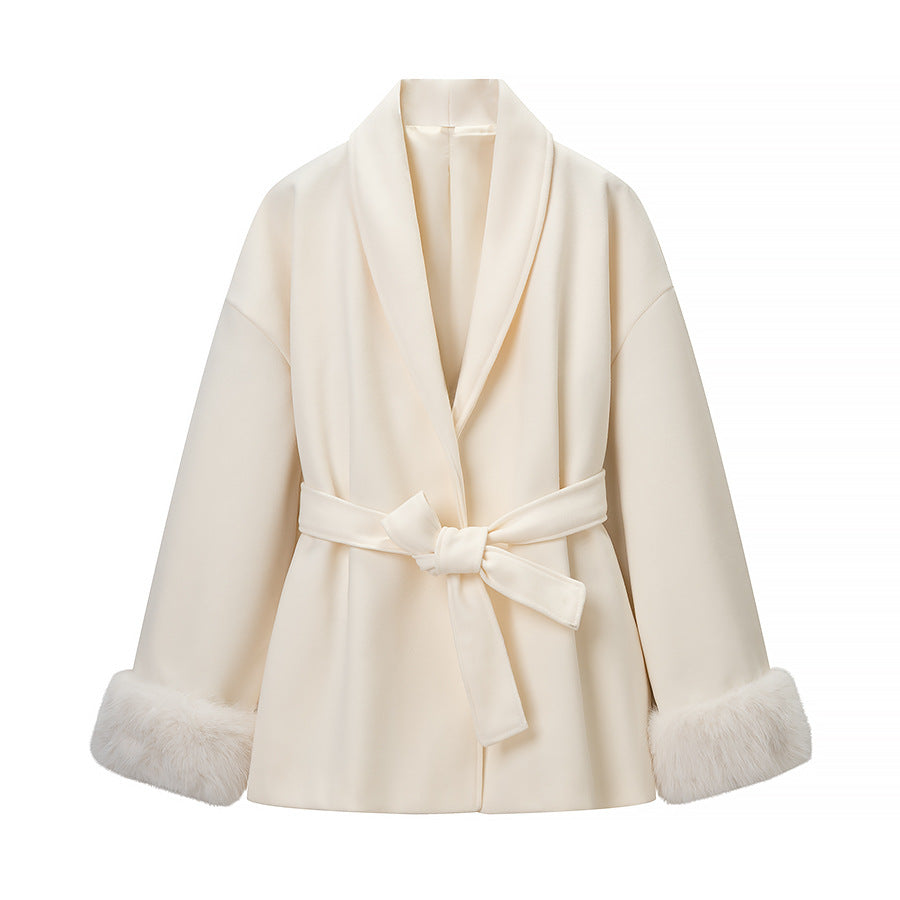 Damen Modische Jacke mit weich gefüttertem Kragen und Bindegürtel Drune