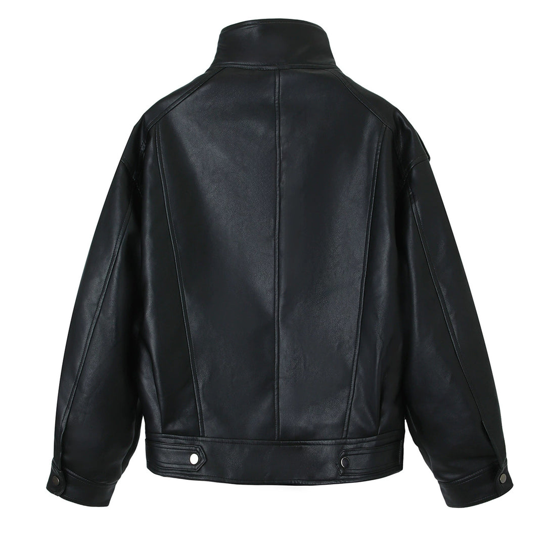Damen Modische Kunstlederjacke mit hoher Kragen Drune