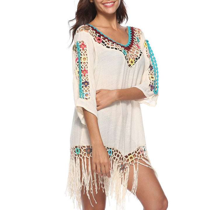 Damen Elegante Häkel-Strandtunika mit fransigen Details und bunten Applikationen Drune