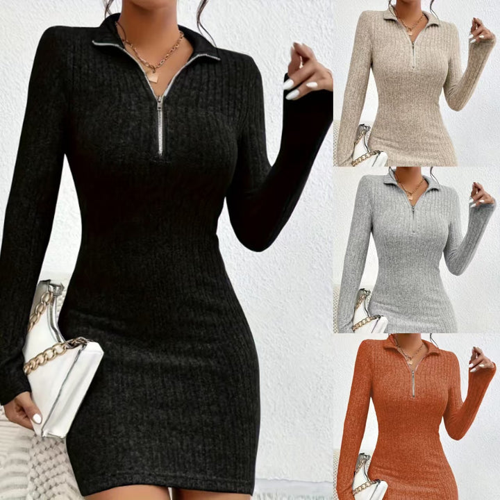 Damen Figurbetontes Rippstrick-Midikleid mit halbem Reißverschlusskragen Drune