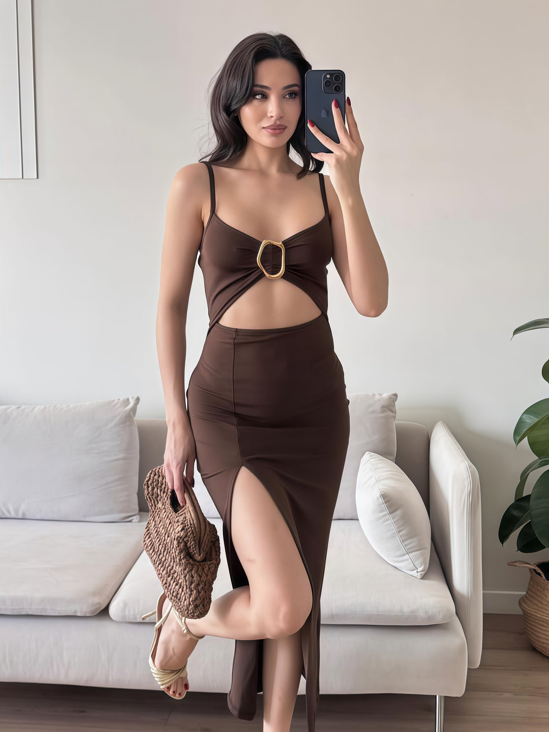 Damen Figurbetontes Maxikleid mit Cut-Outs und elegantem Gürtel Drune