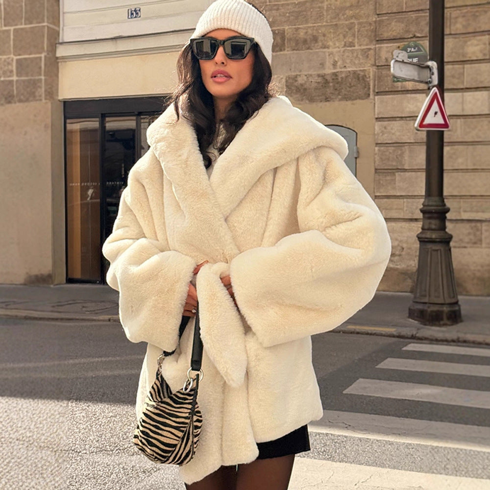Damen Oversize Teddy-Mantel mit extragroßem Schalkragen und Wickelgürtel Drune