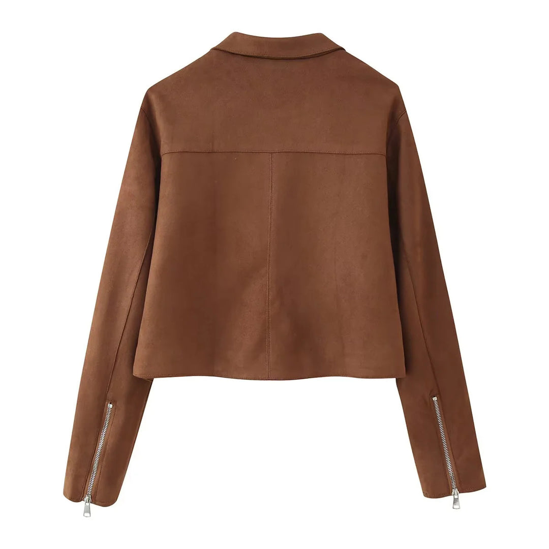 Damen nan cropped Wildlederoptik Jacke mit Hemdkragen durchgehendem Metallreißverschluss und seitlichen Reißverschlusstaschen Drune