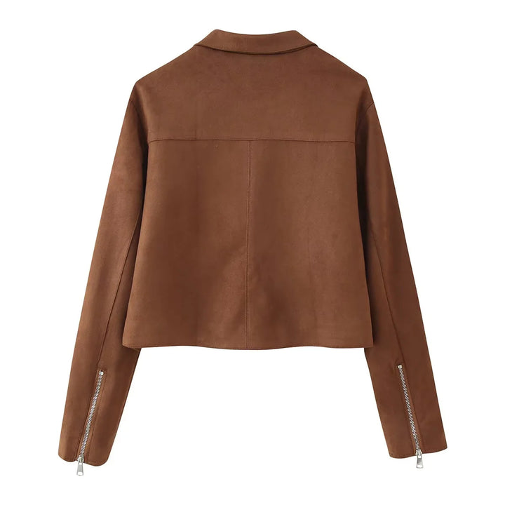 Damen nan cropped Wildlederoptik Jacke mit Hemdkragen durchgehendem Metallreißverschluss und seitlichen Reißverschlusstaschen Drune