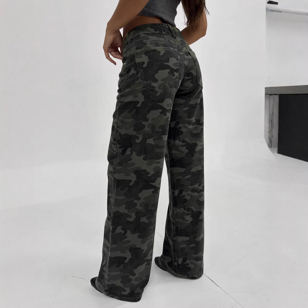 Damen Camouflage-Denim Schlaghose mit hoher Taille und weitem Bein Drune