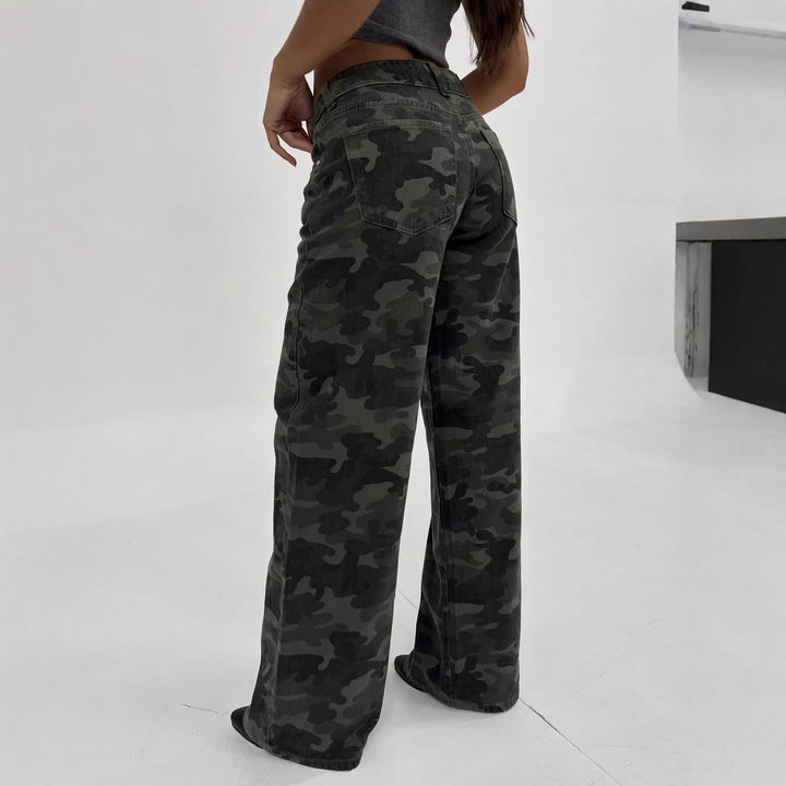 Damen Camouflage-Denim Schlaghose mit hoher Taille und weitem Bein Drune