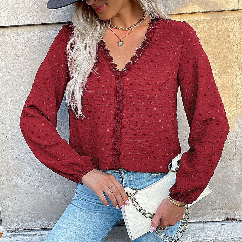 Damen Elegante Bluse mit Rüschendetails und Spitzenakzent Drune