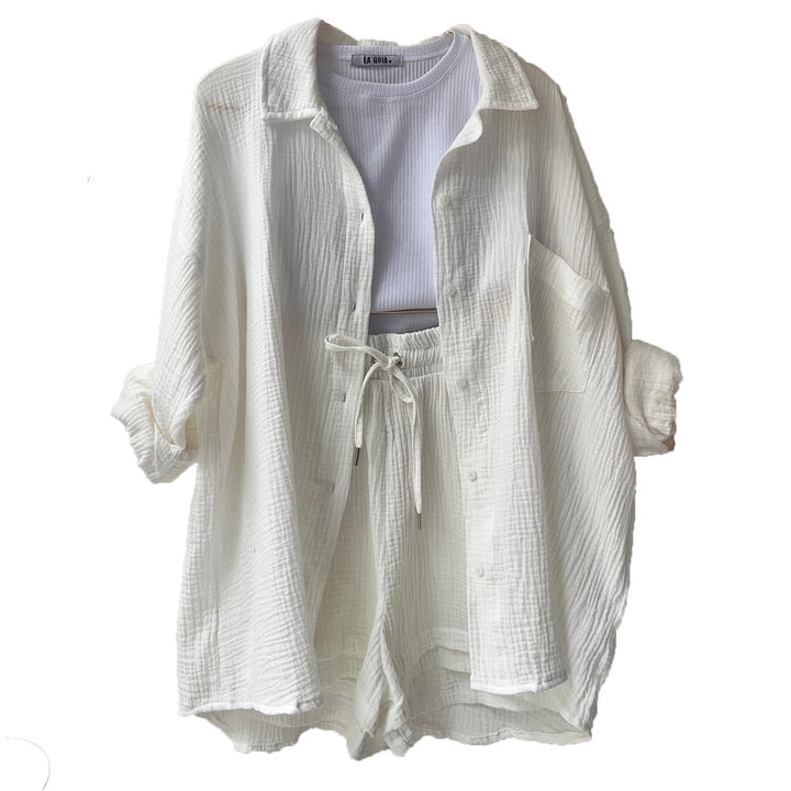 Damen nan lässiges oversized Hemd und Shorts Set mit Brusttasche Kordelbund und gerauter Baumwollstruktur Drune