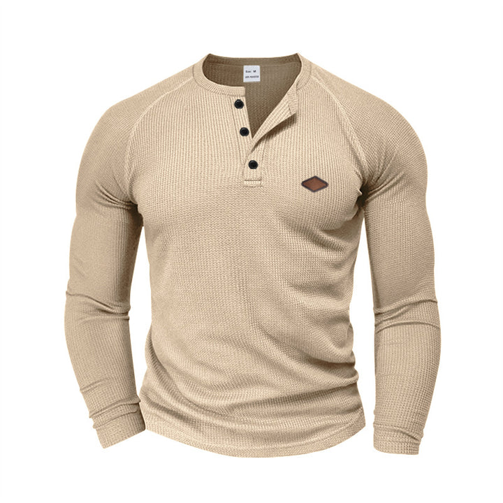 Herren nan strukturiertes Waffel-Henleyshirt mit kurzer Knopfleiste Raglanärmeln und Lederpatch Drune