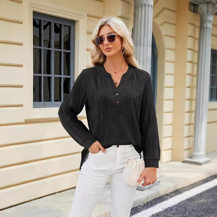 Damen Langarm Bluse mit klarer Struktur und Knopfdetails Drune
