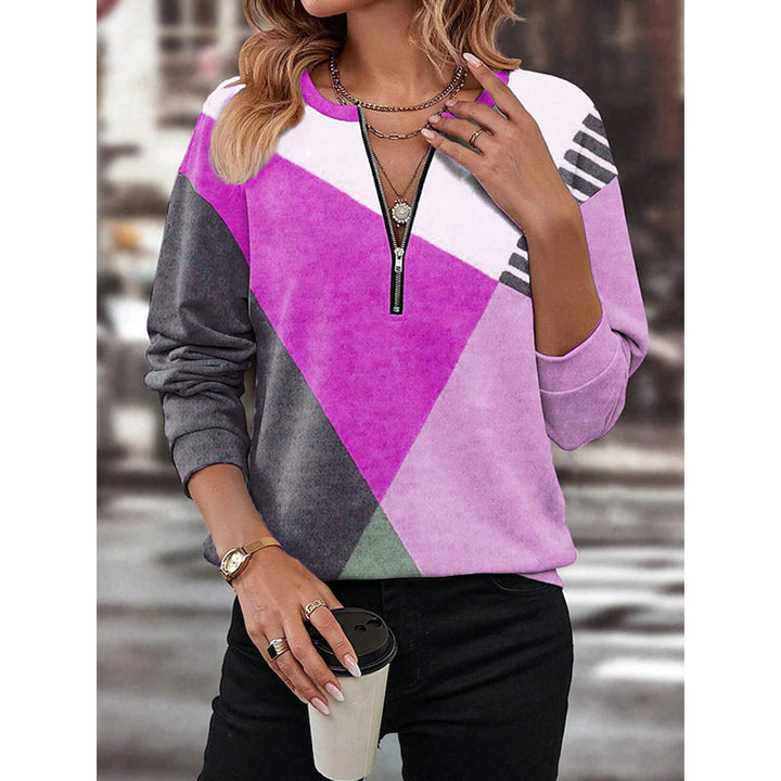 Damen Freizeitsweatshirt mit Halbzipp und geometrischem Farbkombinationsmuster Drune