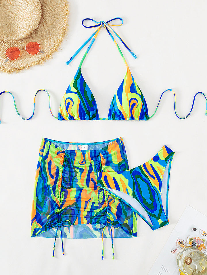 Damen Buntes Triangel-Bikini-Set mit transparentem Rock Drune