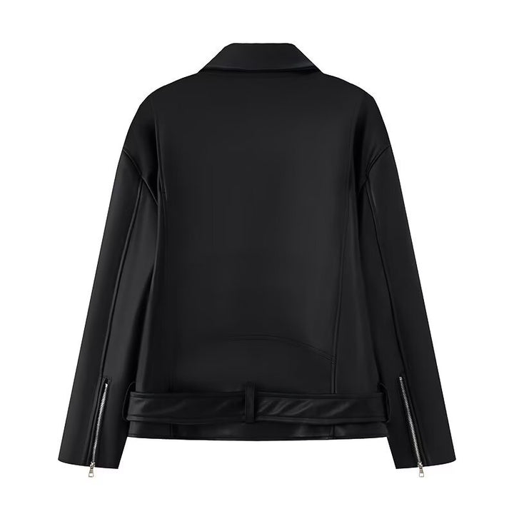 Damen Kunstleder Bikerjacke mit praktischen Reißverschlusstaschen und Gürtel Drune
