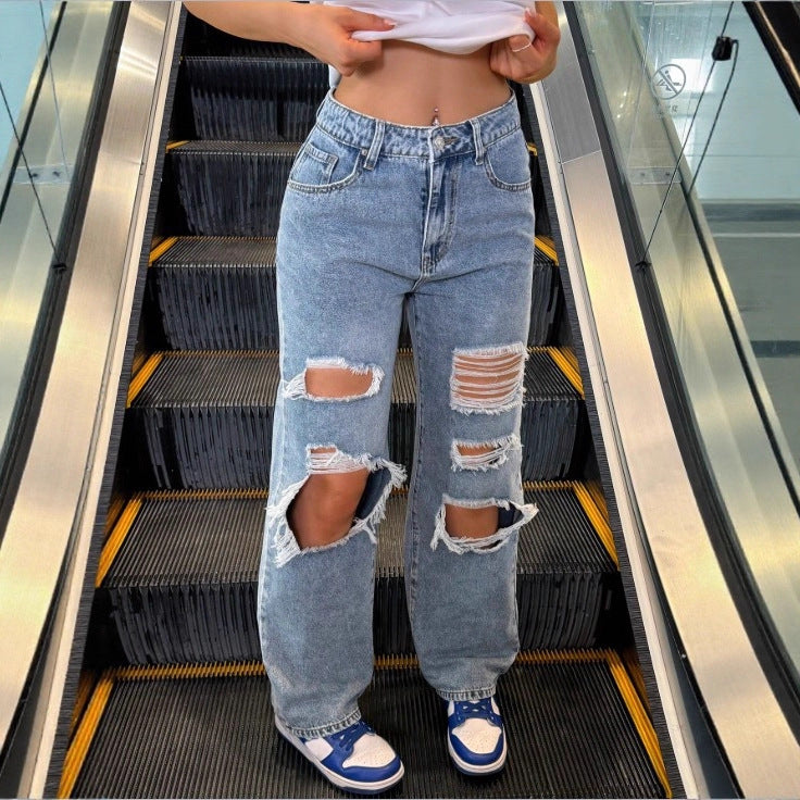 Damen High‑Waist Baggy-Jeans mit großflächigen Knie-Rips und geradem Bein Drune