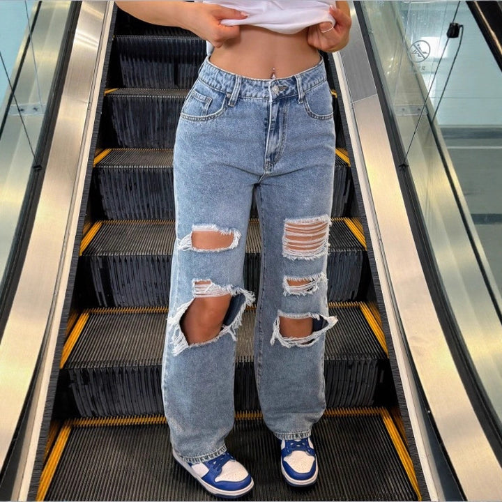Damen High‑Waist Baggy-Jeans mit großflächigen Knie-Rips und geradem Bein Drune