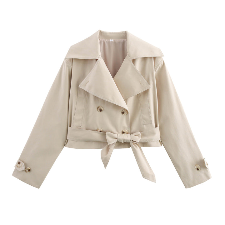 Damen nan kurze Taillen-Trenchjacke mit doppelreihiger Knopfleiste breitem Schalkragen und taillierendem Bindegürtel Drune