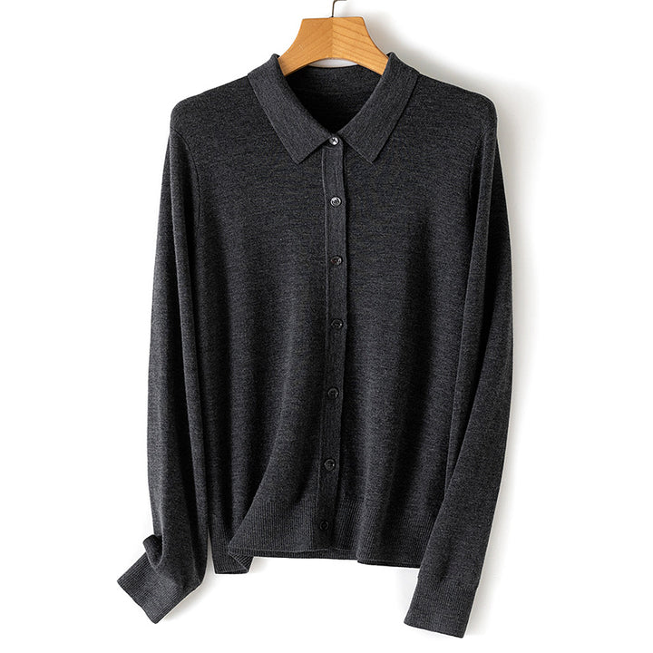 Damen Feiner Knopfcardigan mit Hemdkragen und feinem Feinstrick Drune
