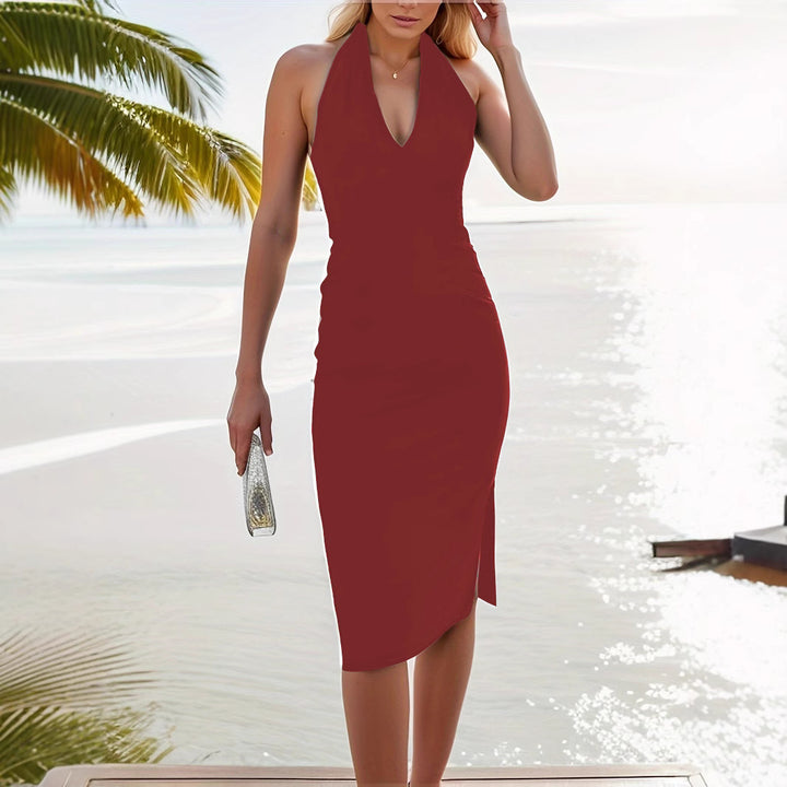 Damen elegantes Wickelkleid mit tiefem V-Ausschnitt und figurbetontem Schnitt Drune