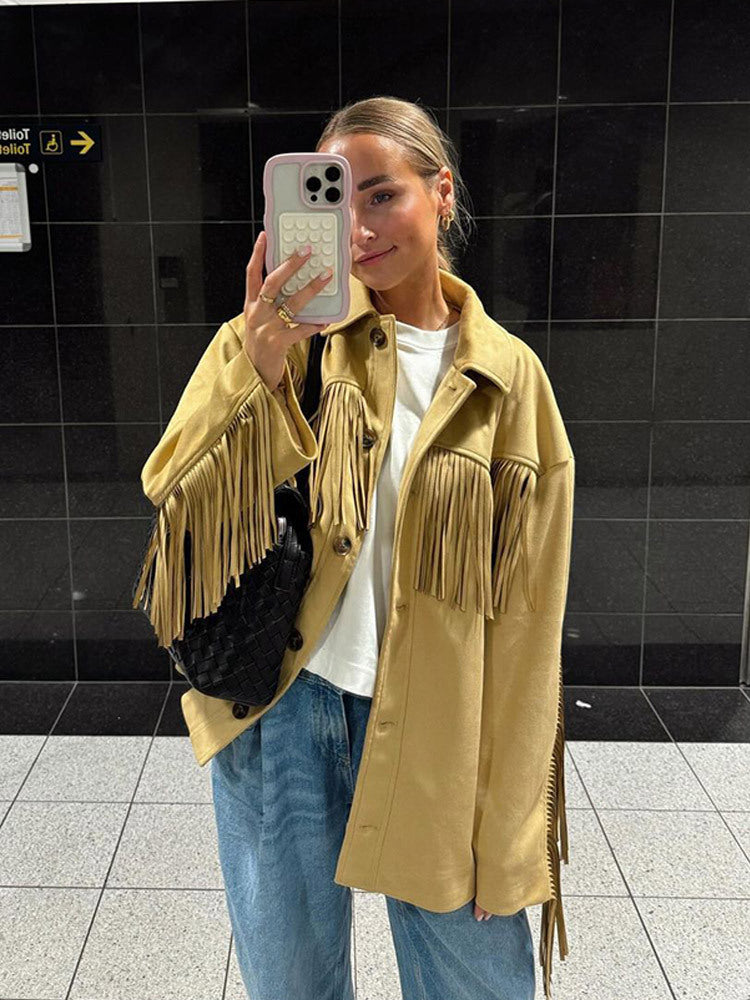 Damen Oversize Fransenjacke im Westernstil aus Veloursleder-Optik mit Hemdkragen Drune