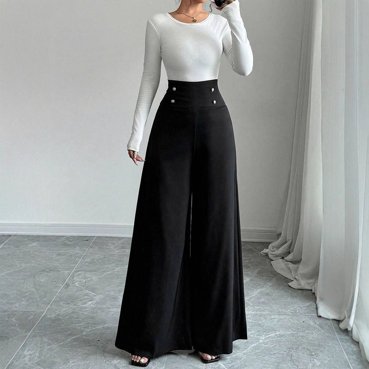 Damen Fließende Palazzo-Hose mit hohem Taillenbund und eleganten Knopfdetails Drune
