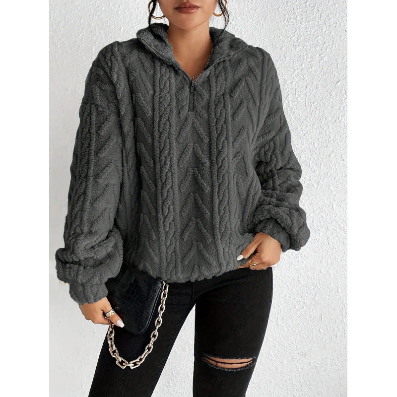 Damen kuscheliger Fleece-Pullover mit hochgeschlossenem Kragen und Reißverschluss Drune