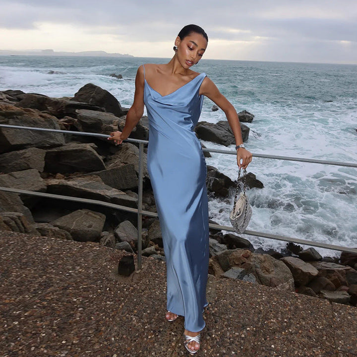 Damen Maxikleid mit schickem Wasserfallausschnitt und fließendem Satin-Stoff Drune