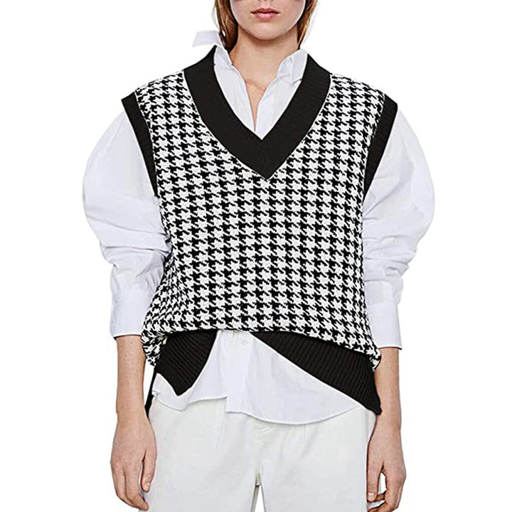 Damen Strickweste mit Hahnentritt-Muster, V-Ausschnitt und geripptem Saum Drune