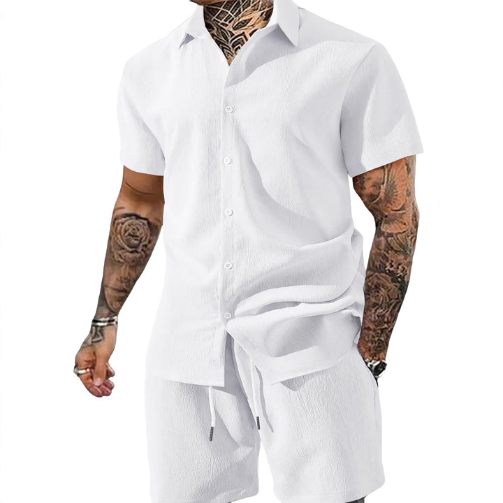 Herren nan Crinkle-Lounge-Set mit offenem Revershemd, integriertem Kurzarm-T-Shirt und Kordel-Bermuda Drune