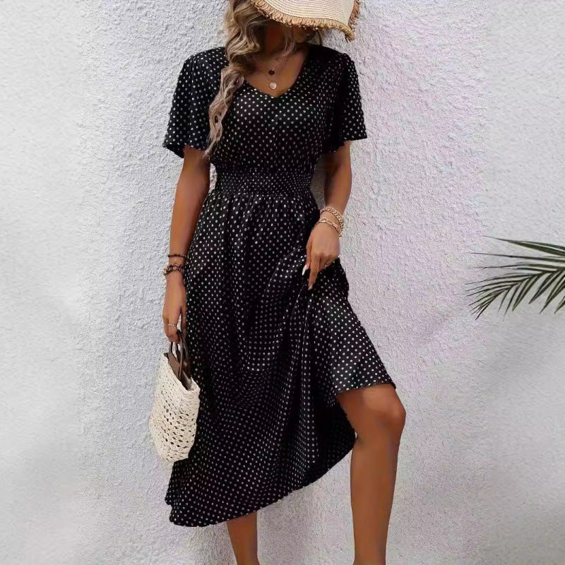 Damen Maxikleid im verspielten Punktdesign mit voluminösen Ärmeln und tiefem V-Ausschnitt Drune