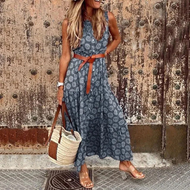 Damen Bohemian Maxi Kleid mit verstellbarem Gürtel Drune