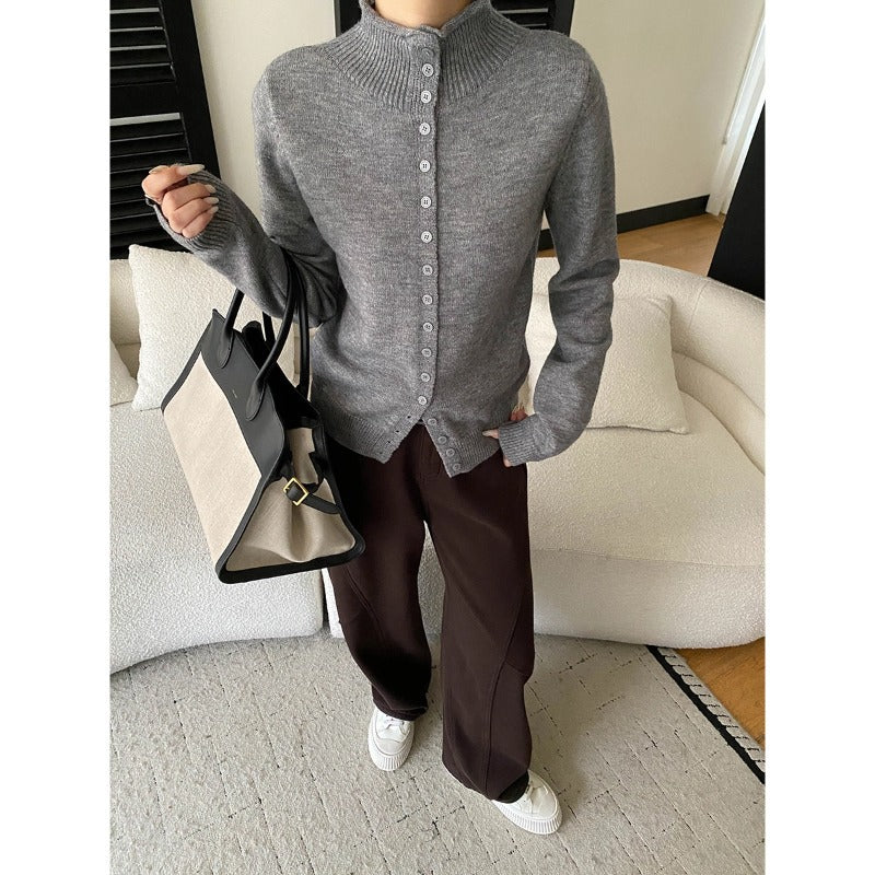 Damen eleganter Strickpullover mit Knopfleiste und hohem Kragen Drune
