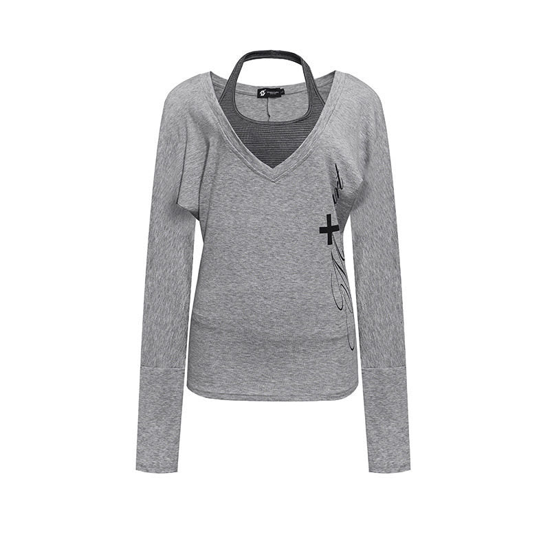 Damen Lagen-Langarmshirt mit tiefem V-Ausschnitt, Neckholder-Innenlayer und seitlichem Script-Print Drune