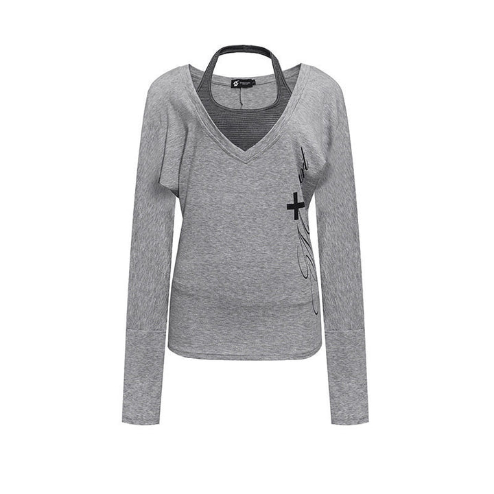 Damen Lagen-Langarmshirt mit tiefem V-Ausschnitt, Neckholder-Innenlayer und seitlichem Script-Print Drune