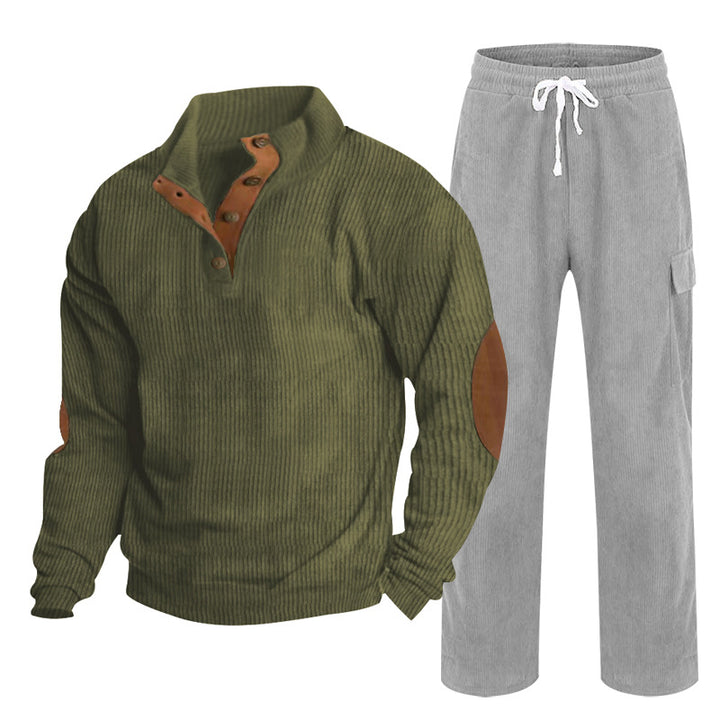 Herren Gemütliches Freizeit-Set aus Waffelstrick-Henley mit Ellenbogenpatch und Relax-Cargo-Hose Drune