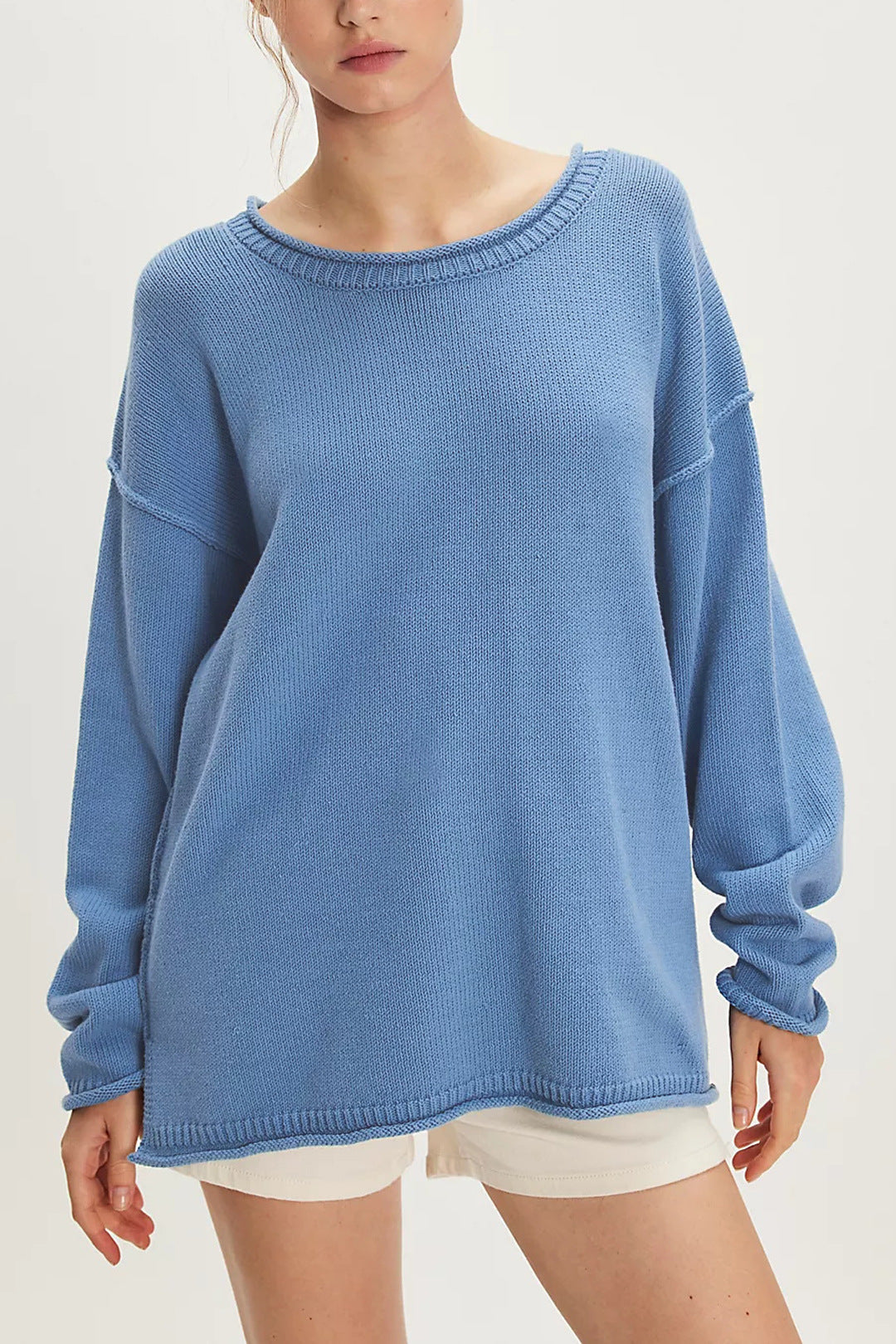 Damen lässiger Strickpullover mit weiten Ärmeln und Rippenstruktur Drune