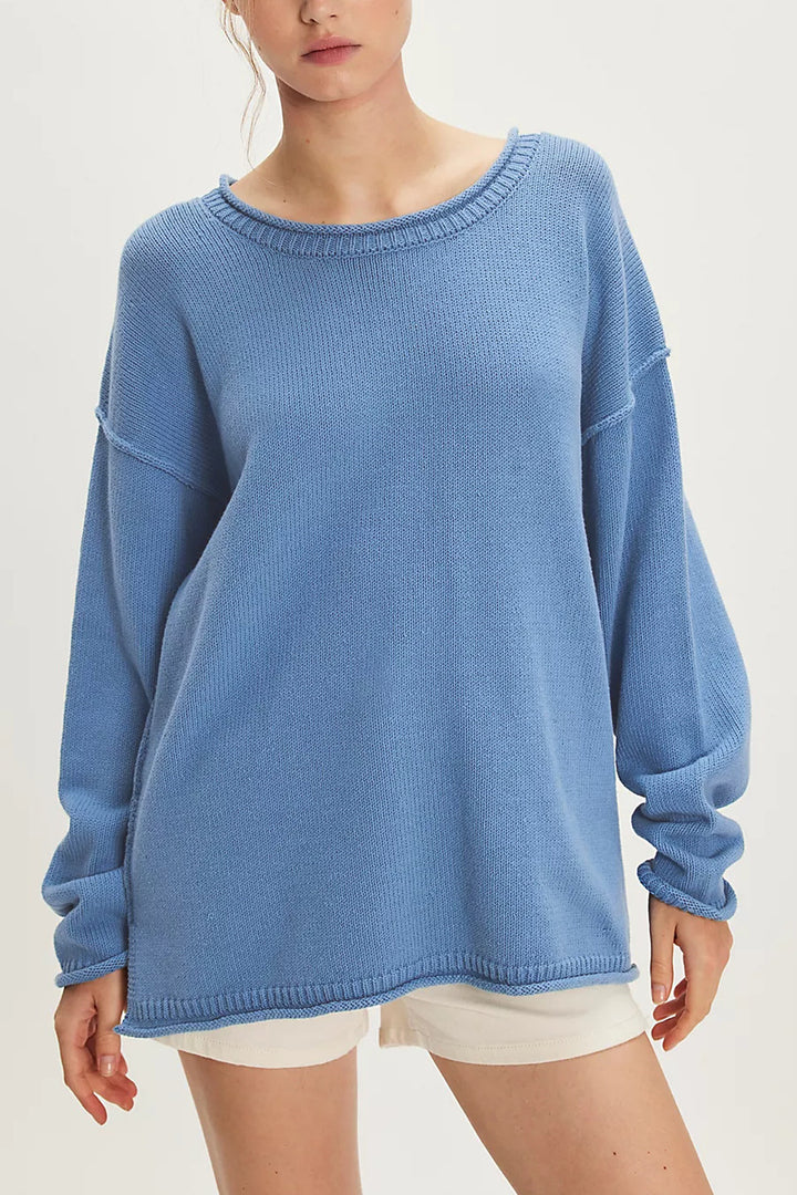 Damen lässiger Strickpullover mit weiten Ärmeln und Rippenstruktur Drune