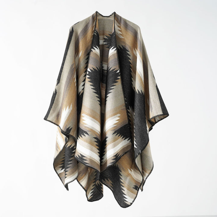 Damen Gewebter Azteken‑Poncho im Oversize‑Überwurf mit Zierkettelnaht Drune