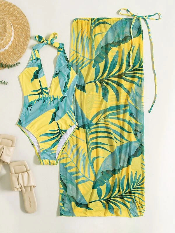Damen Set aus einem einteiligen Badeanzug mit floralem Design und passendem Sarong Drune