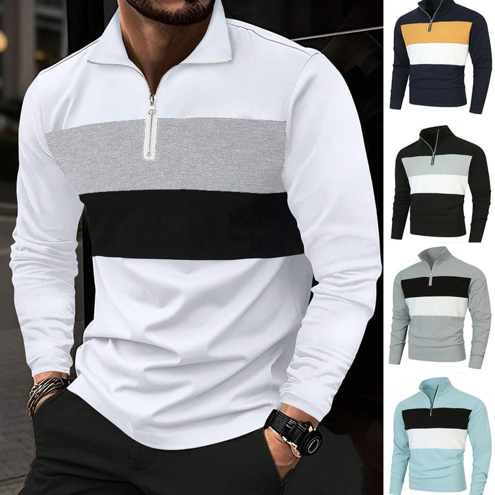 Herren Halbzip-Pullover mit Stehkragen, breitem Blockstreifen und fein gerippter Struktur Drune
