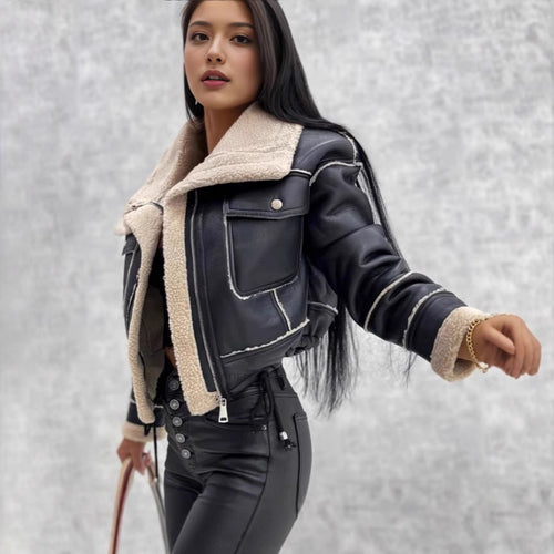 Damen Cropped Teddyjacke mit stylischem Kragen Drune