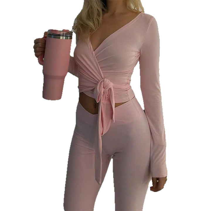 Damen nan Wickel-Crop-Top mit Knotenbund und Highwaist Bootcut-Leggings-Set Drune
