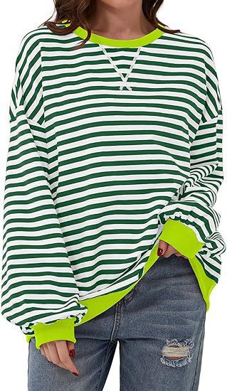 Damen Lässiges Oversize-Streifen-Sweatshirt mit Raglanärmeln und Kontrastbündchen Drune