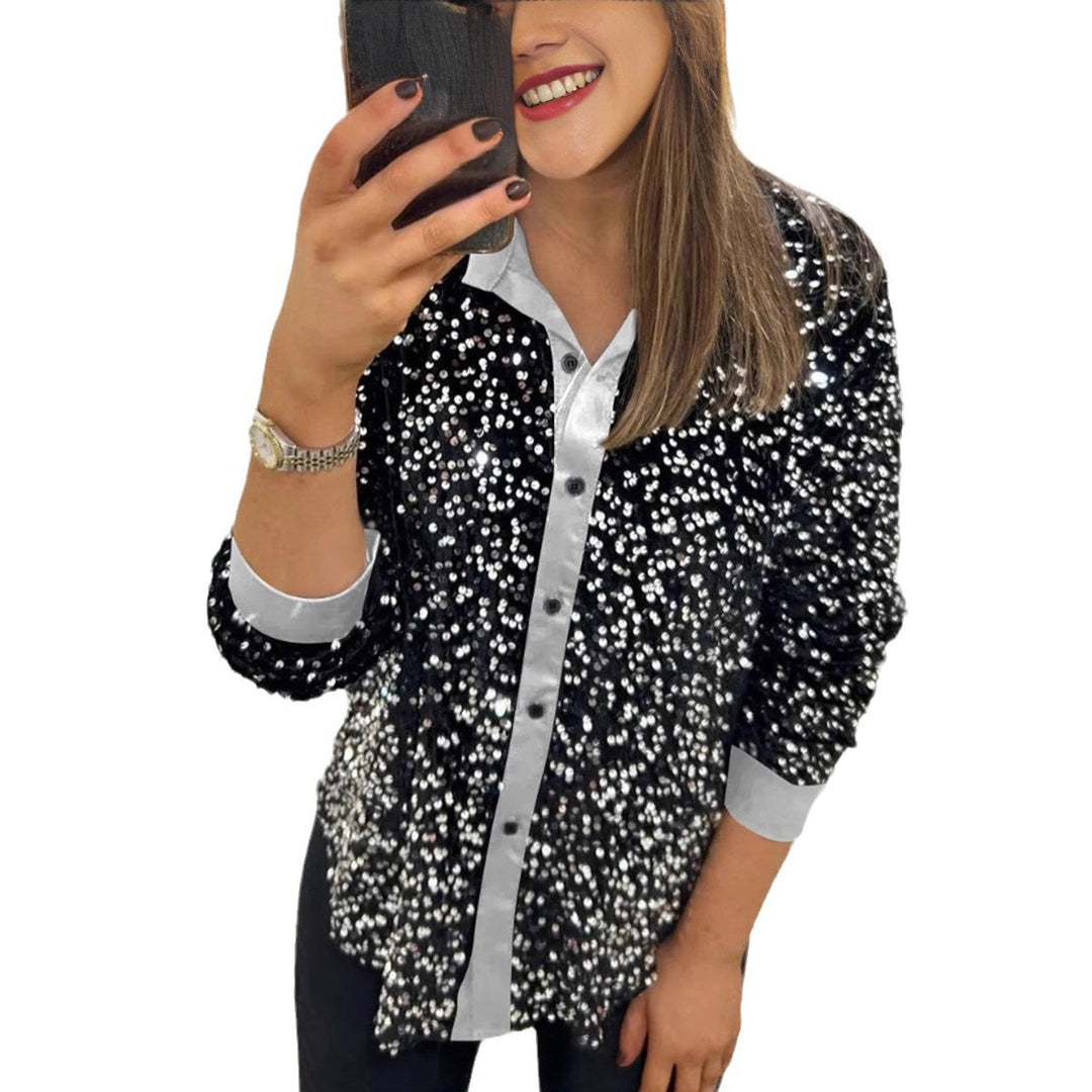 Damen nan glitzernde Pailletten-Hemdbluse mit Kragen, Knopfleiste und elastischen Manschetten Drune