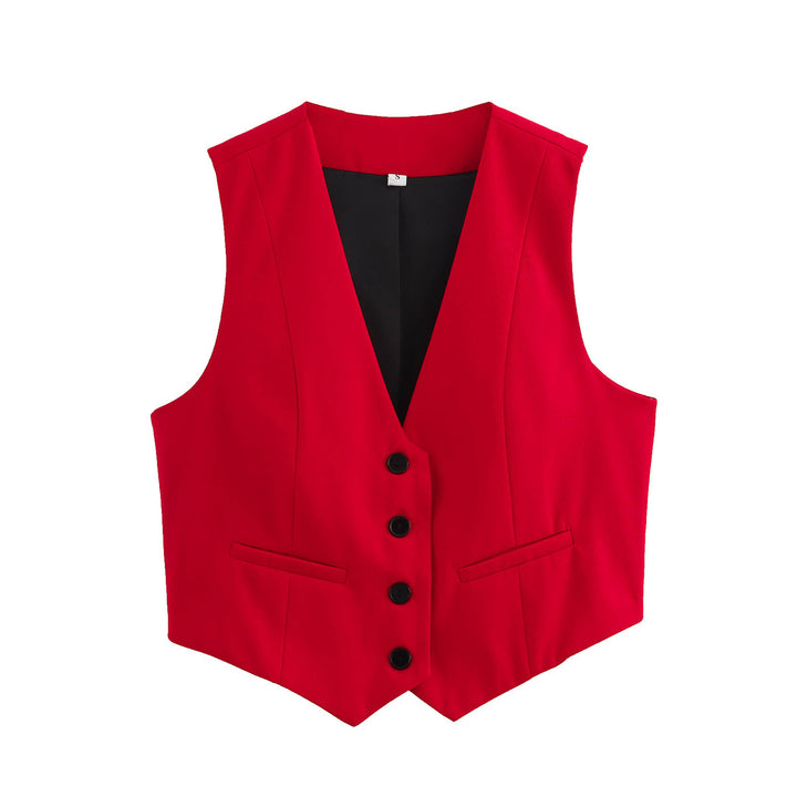 Damen nan elegante taillierte Business-Weste mit spitzem Saum, V-Ausschnitt und Leistentaschen Drune