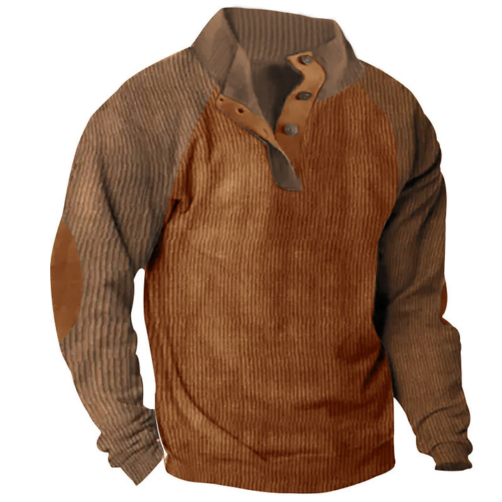 Herren Strukturiertes Raglan-Henley-Pullover mit Stehkragen, Ellenbogenpatches & Knopfleiste Drune